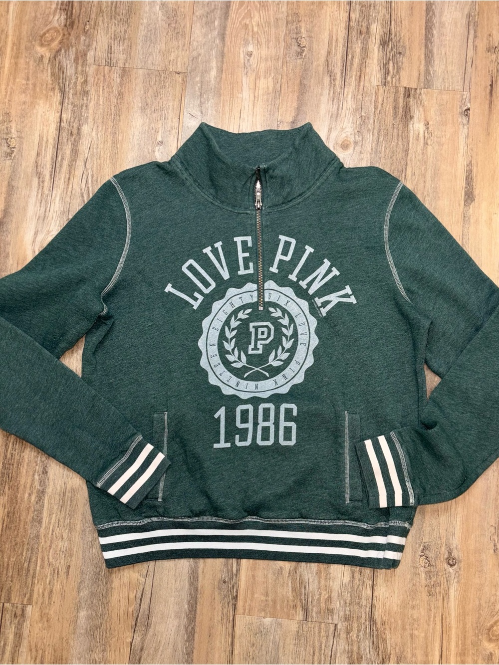 PINK Victoria's Secret Dark Green Half-Zip 'Love Pink' Pullover